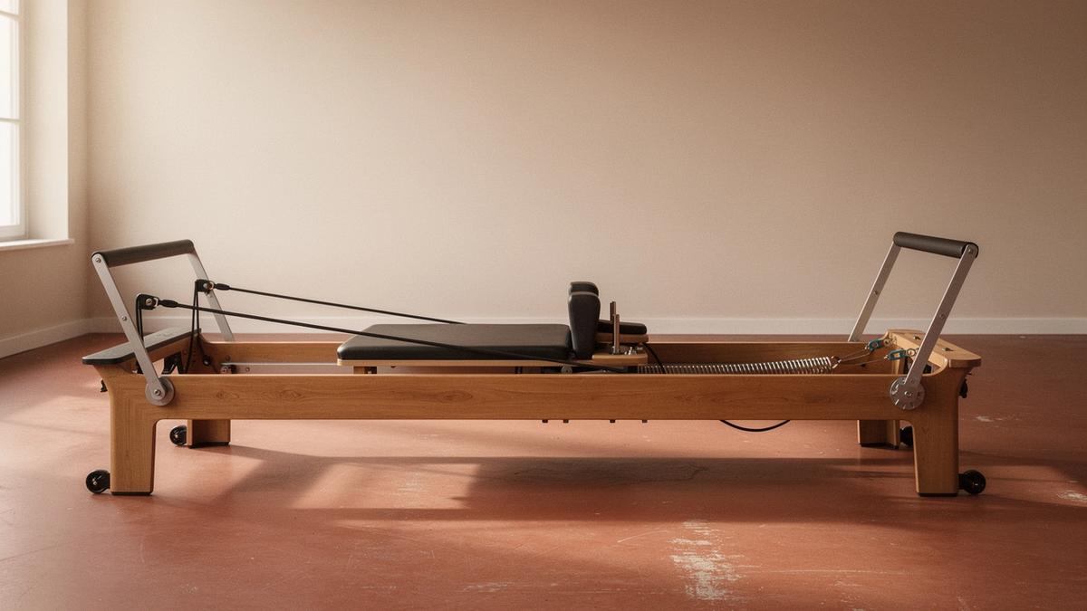 A pilates reformer in the Kyiv studio with springs and foot bar in view