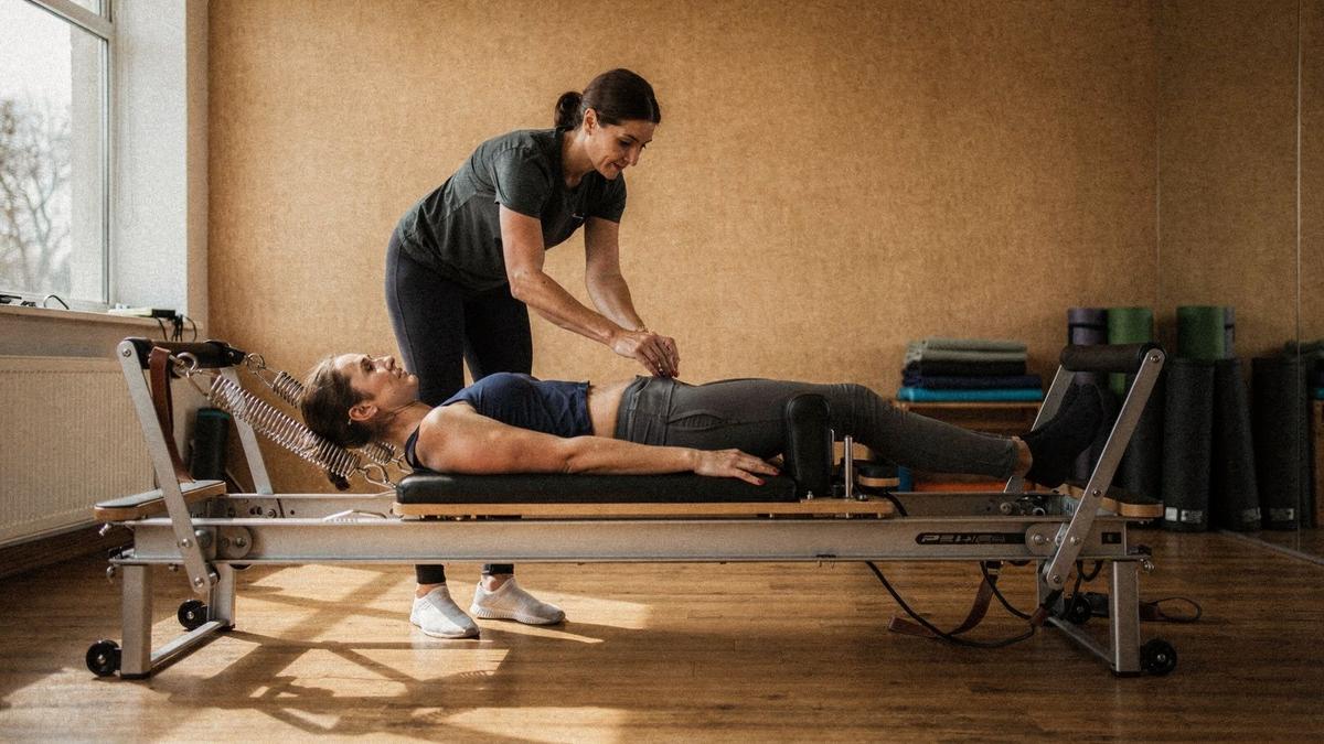 Trainer setting the springs on a Pilates reformer during a beginner equipment orientation in a Kyiv studio